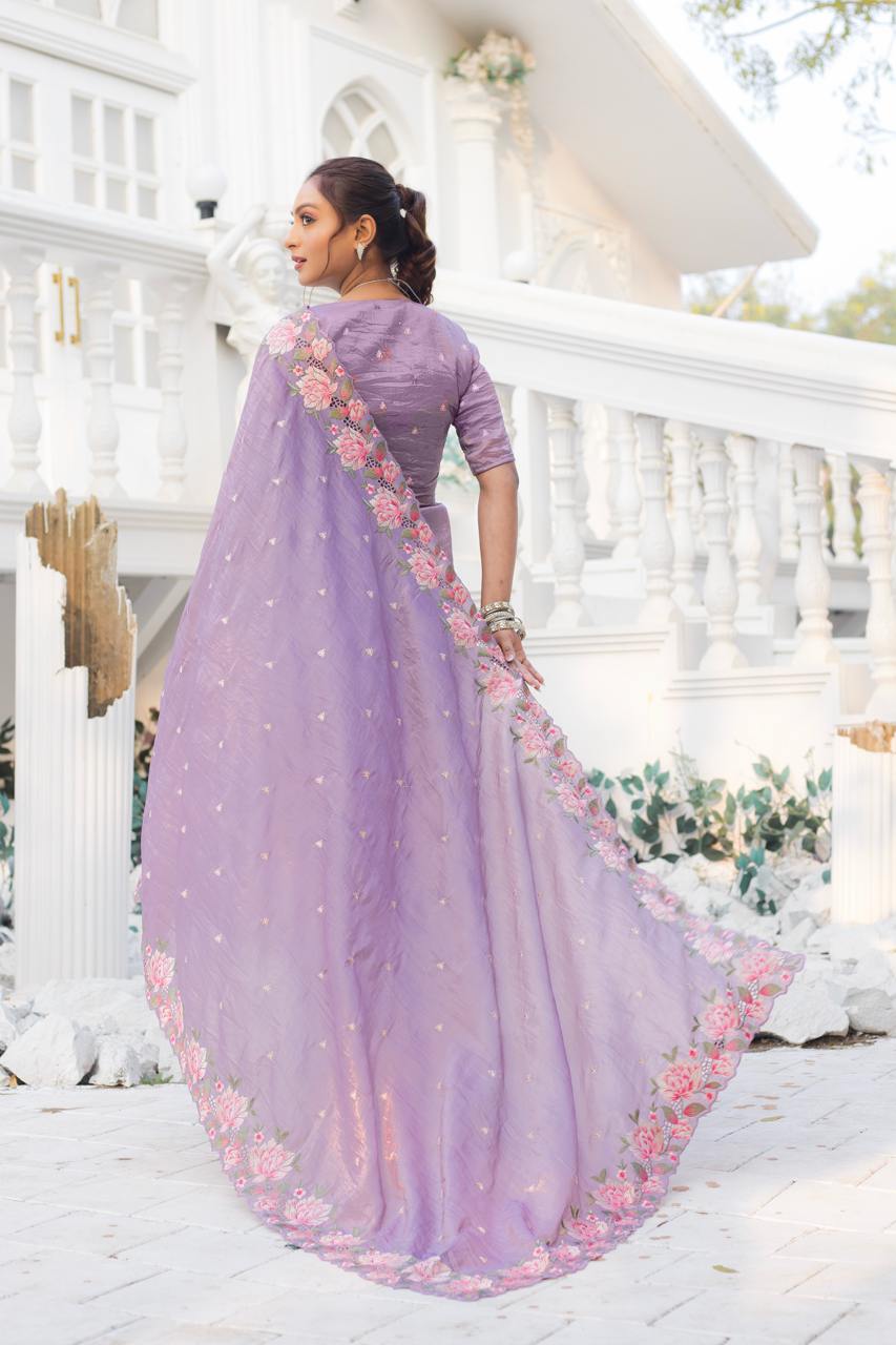 Lavender Pure Crush Silk Embroidery Cutwork Border Saree