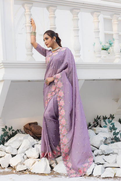 Lavender Pure Crush Silk Embroidery Cutwork Border Saree