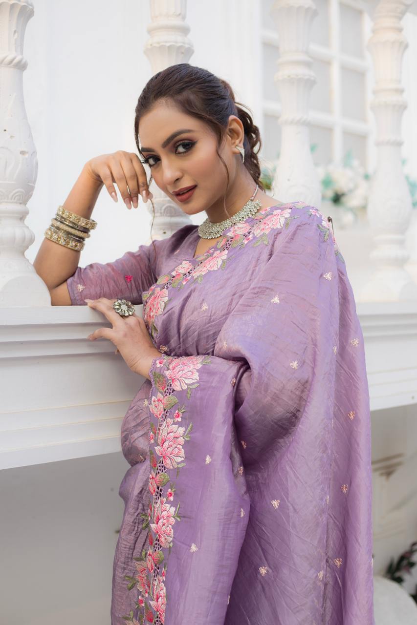 Lavender Pure Crush Silk Embroidery Cutwork Border Saree