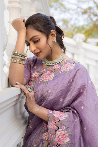 Lavender Pure Crush Silk Embroidery Cutwork Border Saree