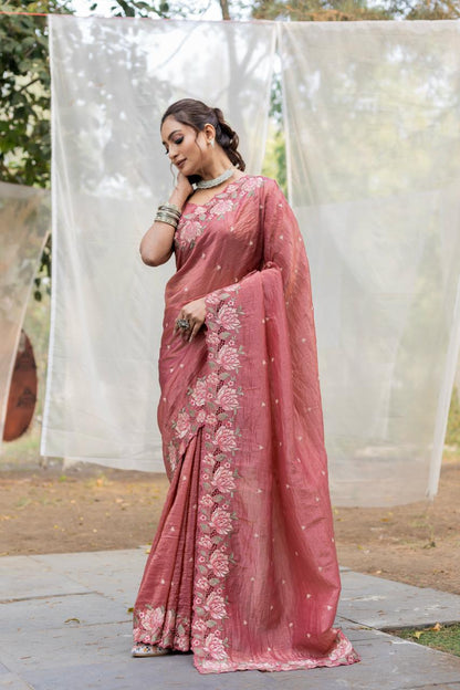 Peach Pink Pure Crush Silk Embroidery Cutwork Border Saree