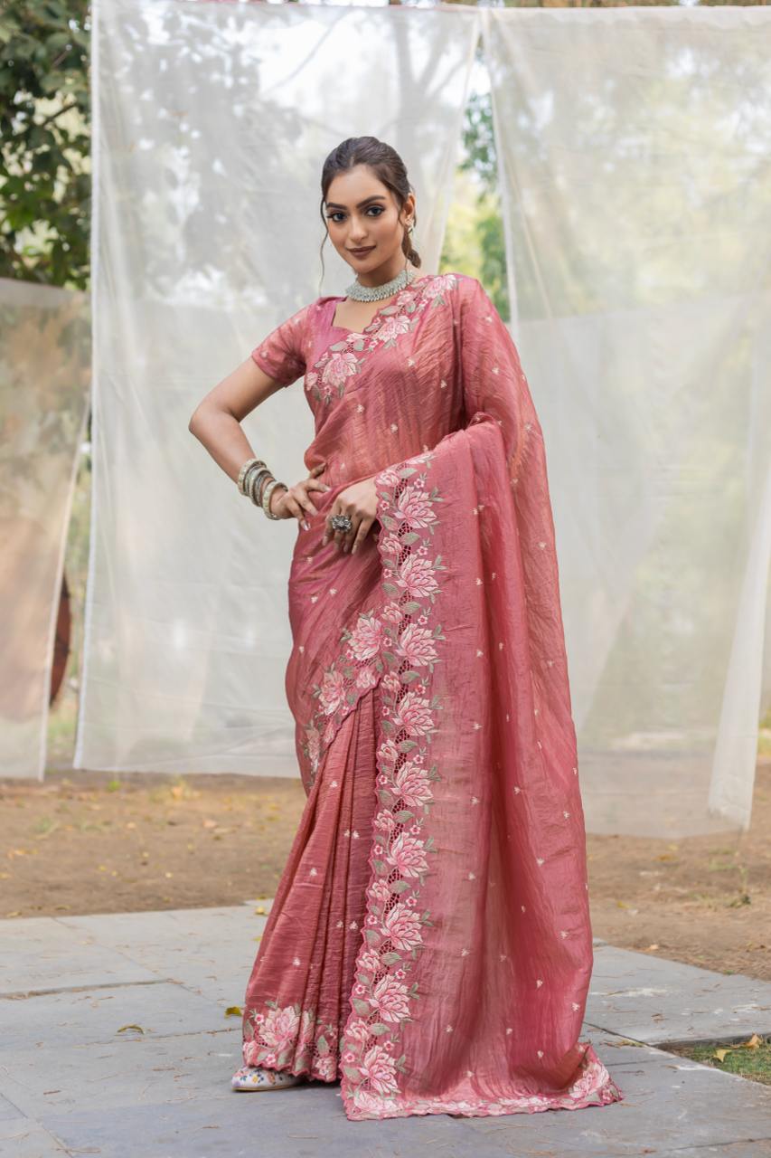 Peach Pink Pure Crush Silk Embroidery Cutwork Border Saree