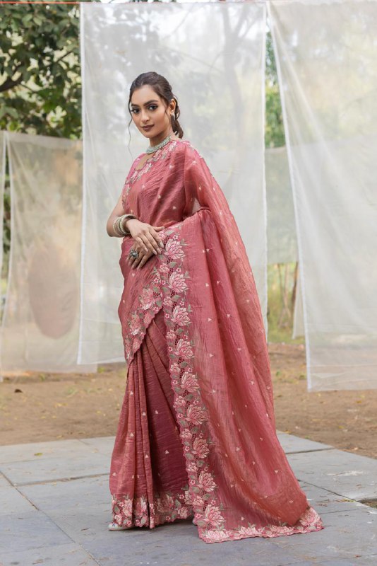 Peach Pink Pure Crush Silk Embroidery Cutwork Border Saree