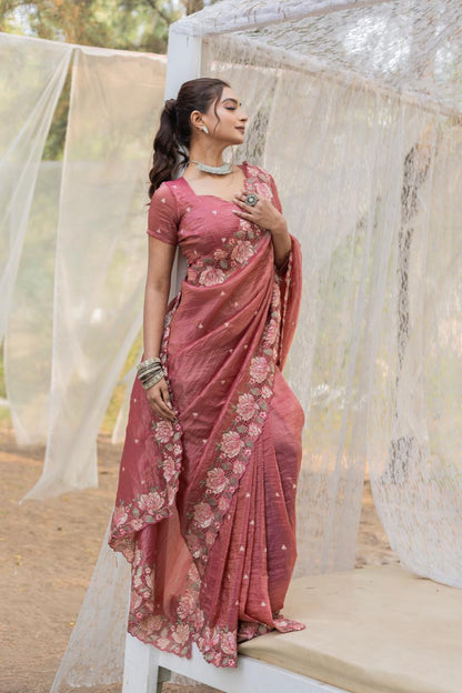 Peach Pink Pure Crush Silk Embroidery Cutwork Border Saree