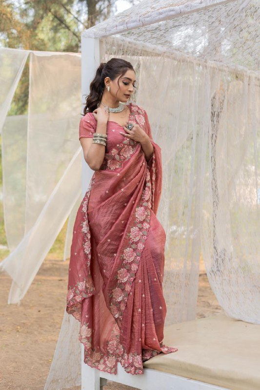 Peach Pink Pure Crush Silk Embroidery Cutwork Border Saree