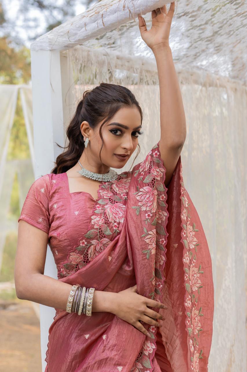 Peach Pink Pure Crush Silk Embroidery Cutwork Border Saree