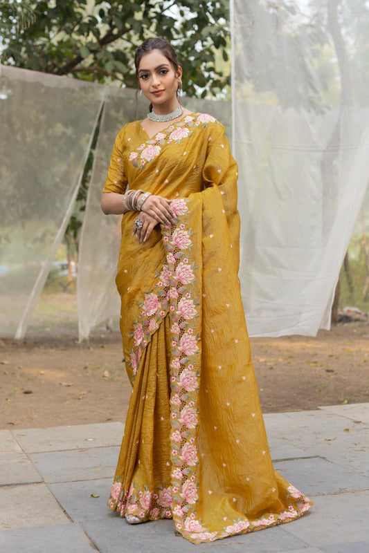Mustard Pure Crush Silk Embroidery Cutwork Border Saree