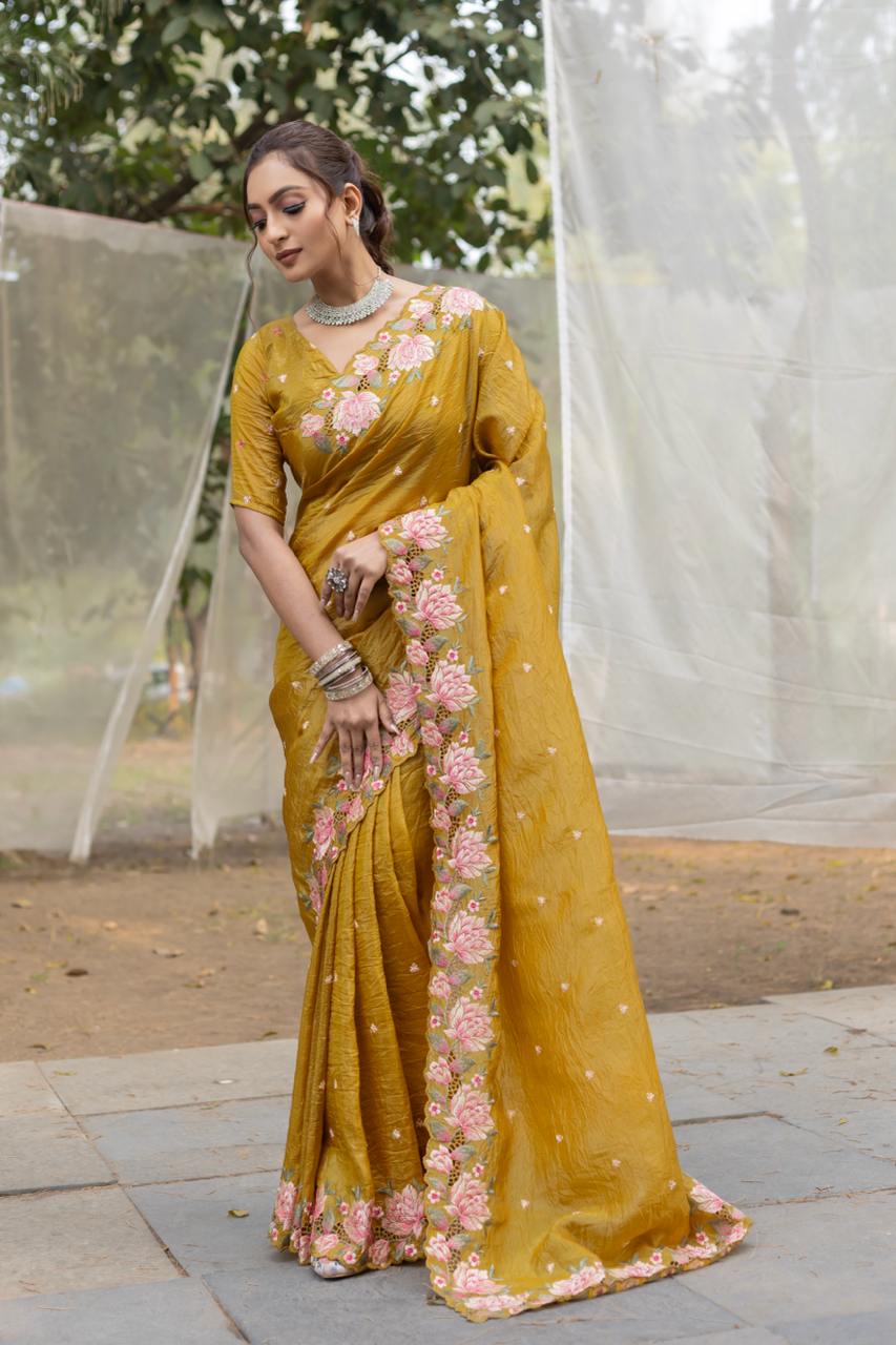 Mustard Pure Crush Silk Embroidery Cutwork Border Saree