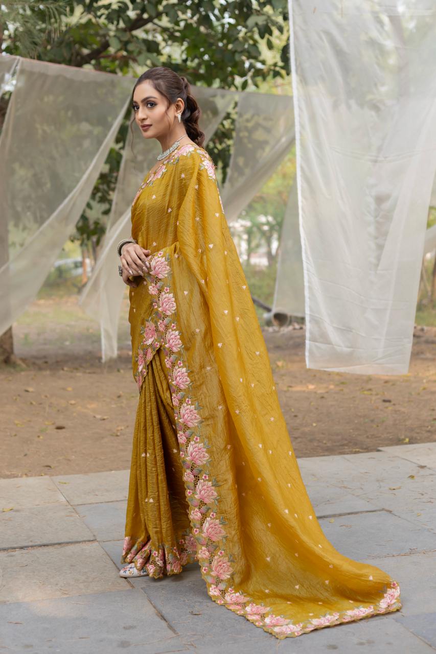 Mustard Pure Crush Silk Embroidery Cutwork Border Saree