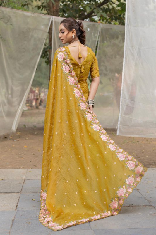 Mustard Pure Crush Silk Embroidery Cutwork Border Saree