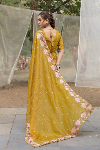 Mustard Pure Crush Silk Embroidery Cutwork Border Saree