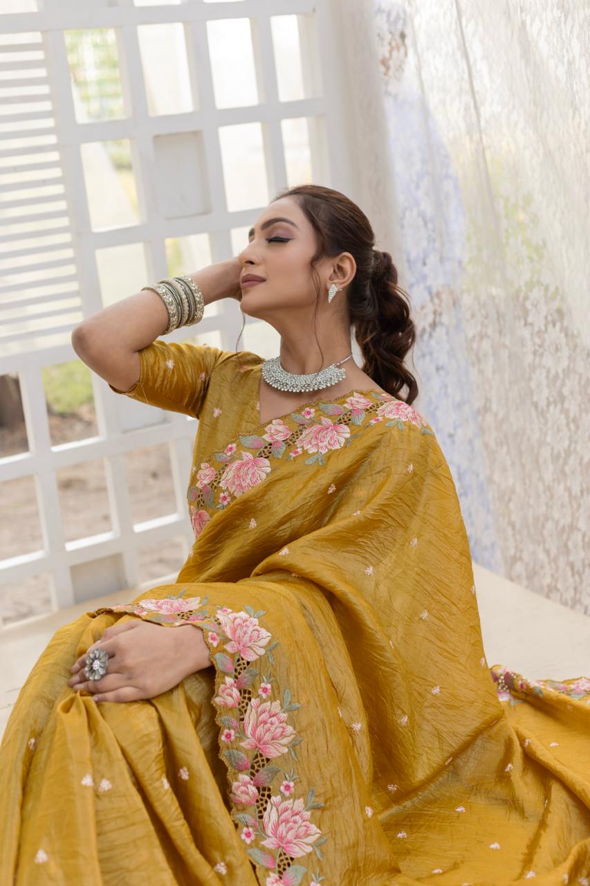Mustard Pure Crush Silk Embroidery Cutwork Border Saree