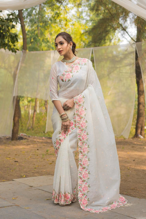 White Pure Crush Embroidery work Saree