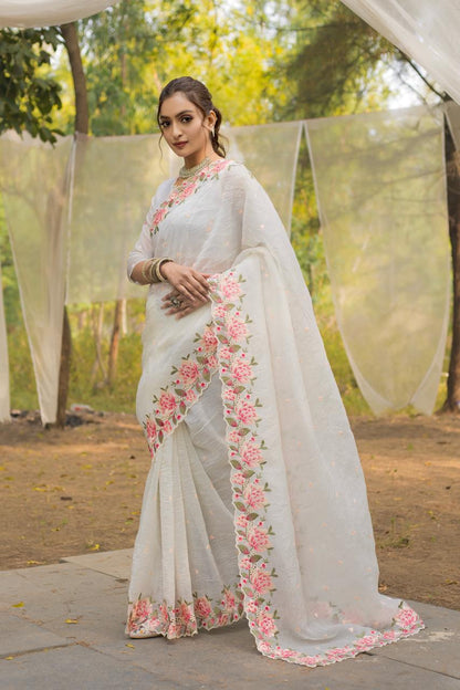 White Pure Crush Embroidery work Saree