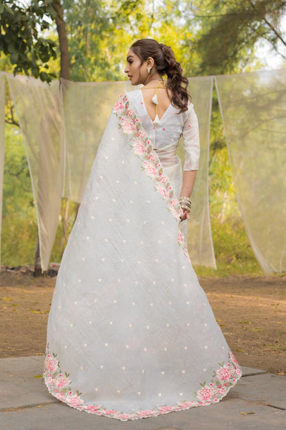 White Pure Crush Silk Embroidery Cutwork Border Saree