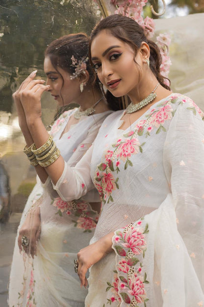 White Pure Crush Embroidery work Saree