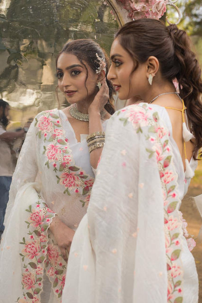 White Pure Crush Embroidery work Saree