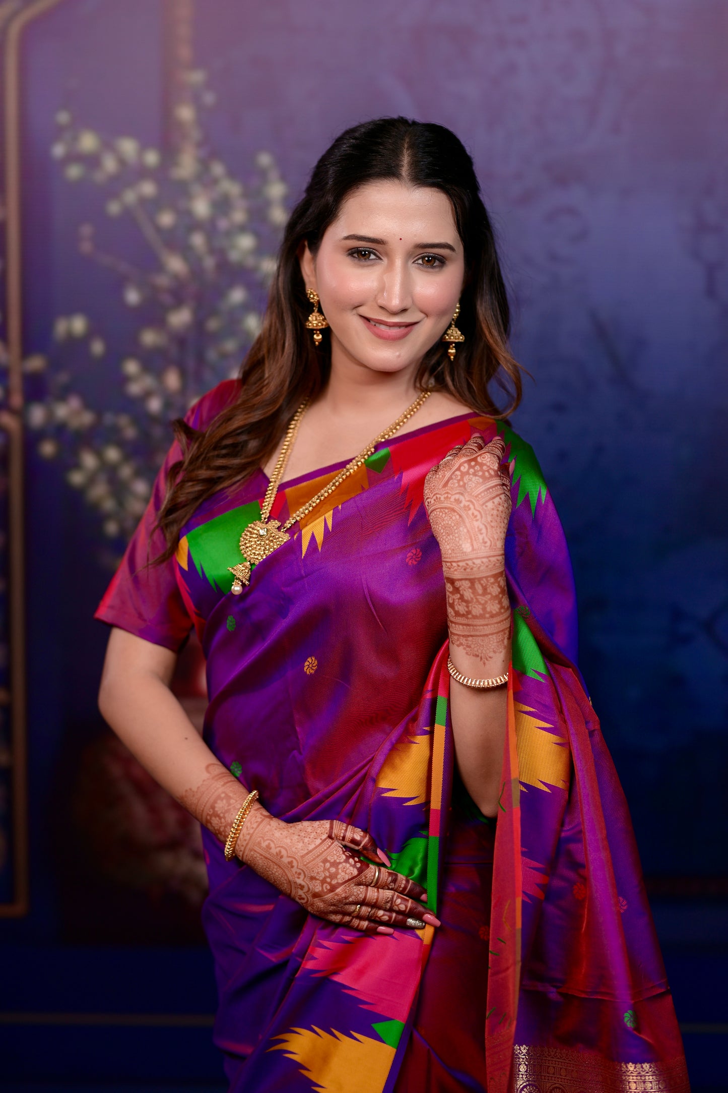 Purple Temple Border Silk Saree