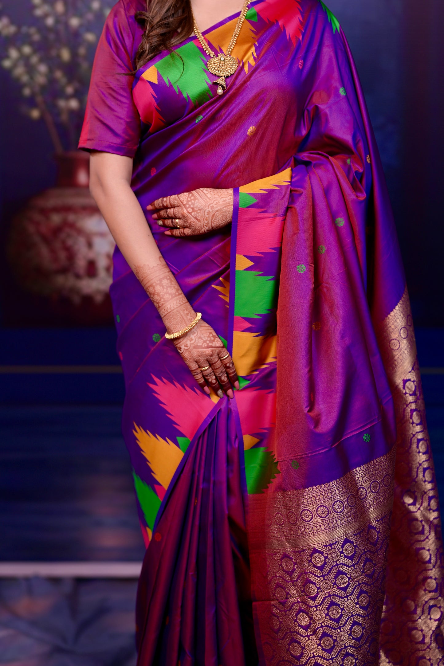 Purple Temple Border Silk Saree