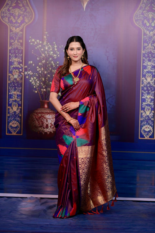 Wine maroon Temple Border Silk Saree