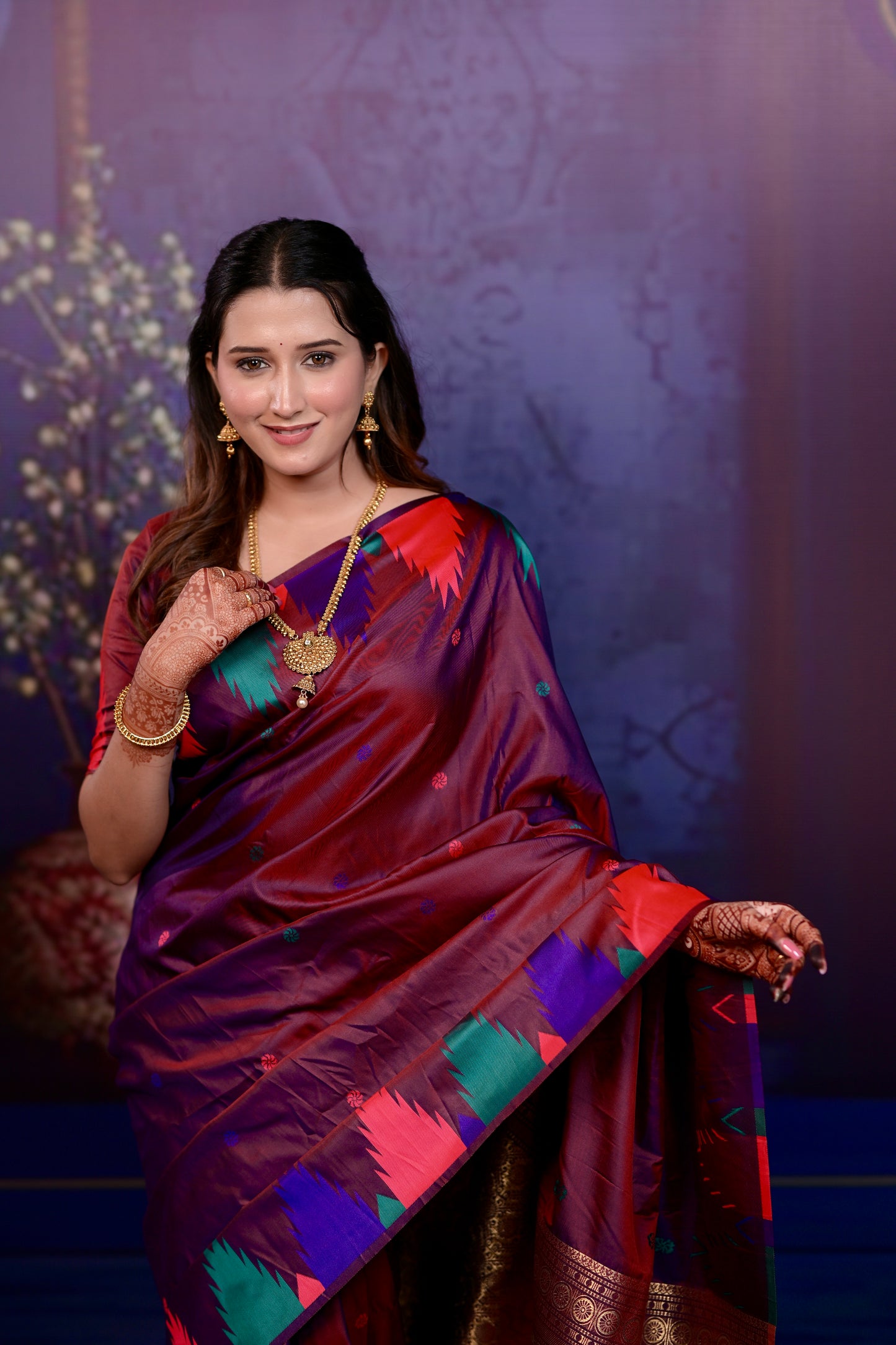 Wine maroon Temple Border Silk Saree