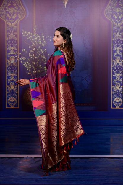 Wine maroon Temple Border Silk Saree