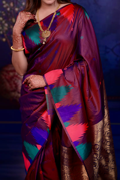 Wine maroon Temple Border Silk Saree