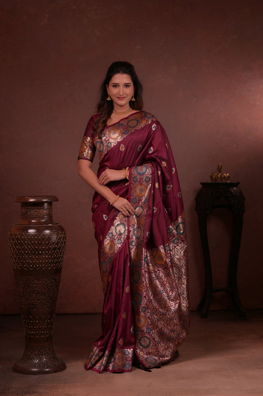 Deep maroon Banarasi Silk Saree