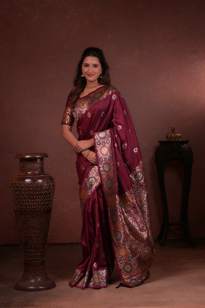 Deep maroon Banarasi Silk Saree