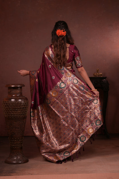 Deep maroon Banarasi Silk Saree