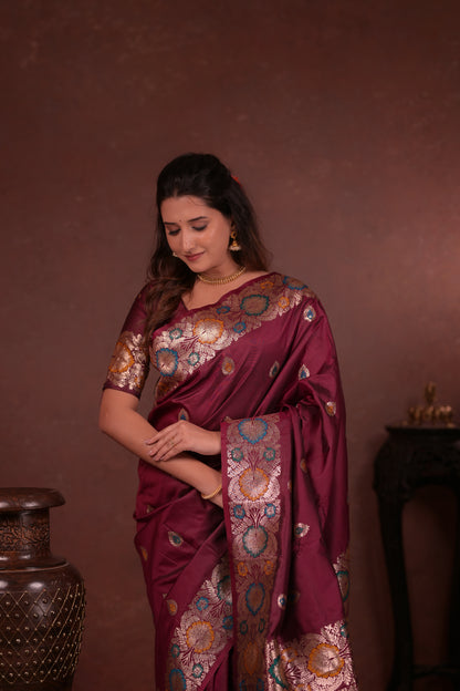 Deep maroon Banarasi Silk Saree