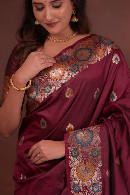 Deep maroon Banarasi Silk Saree