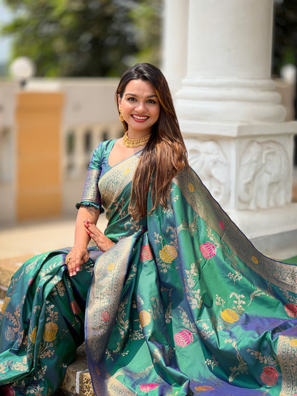 Aqua Rama Banarasi Silk Saree with Intricate Zari Work