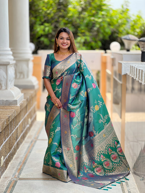 Aqua Rama Banarasi Silk Saree with Intricate Zari Work