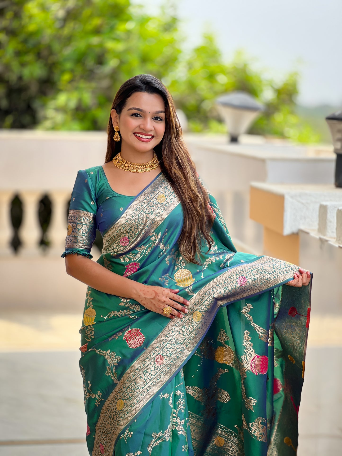 Aqua Rama Banarasi Silk Saree with Intricate Zari Work