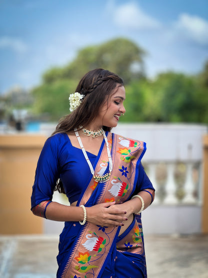 Blue Yeola Style Rajhans Paithani Saree