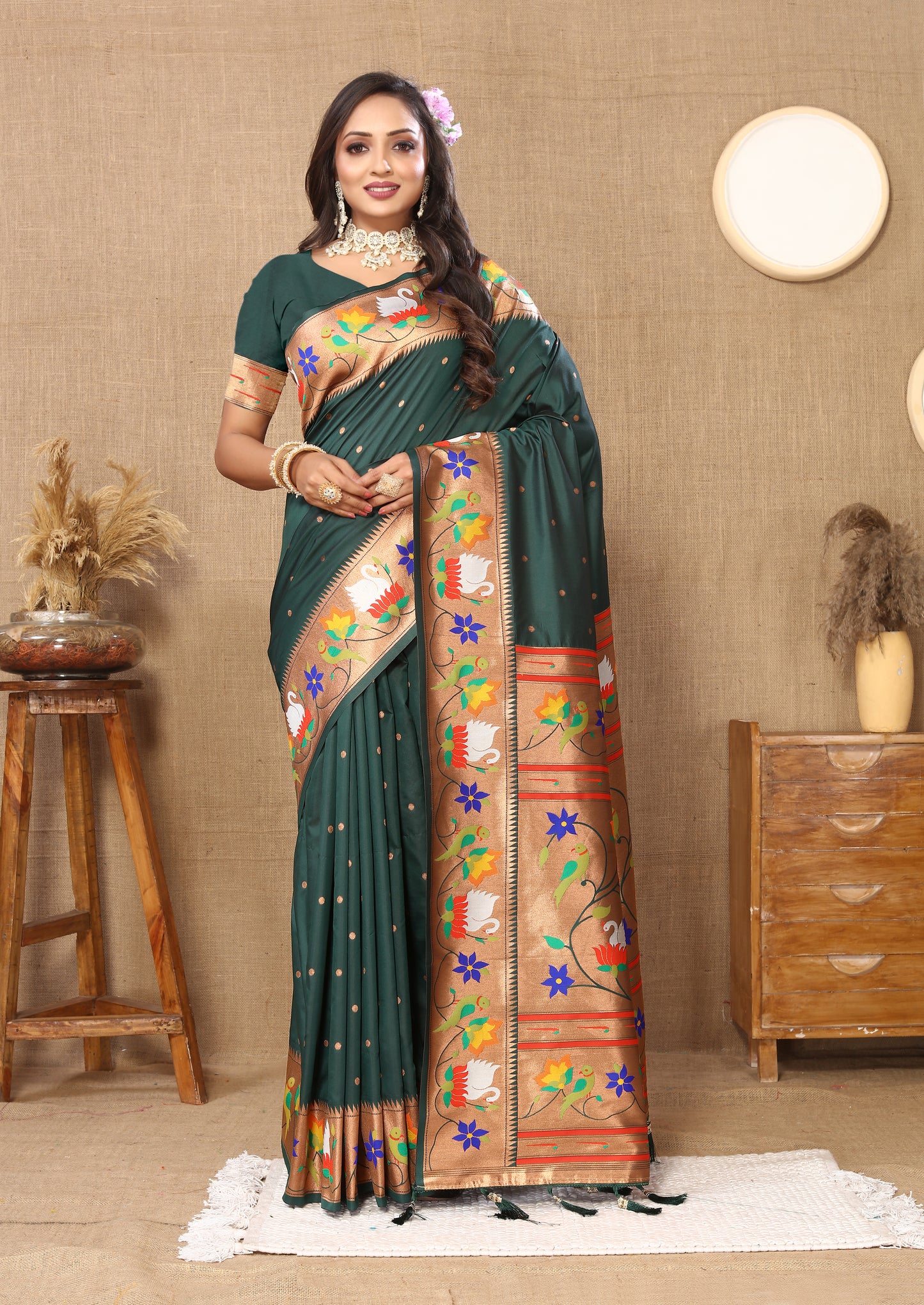 Bottle Green Yeola Style Rajhans Paithani Saree
