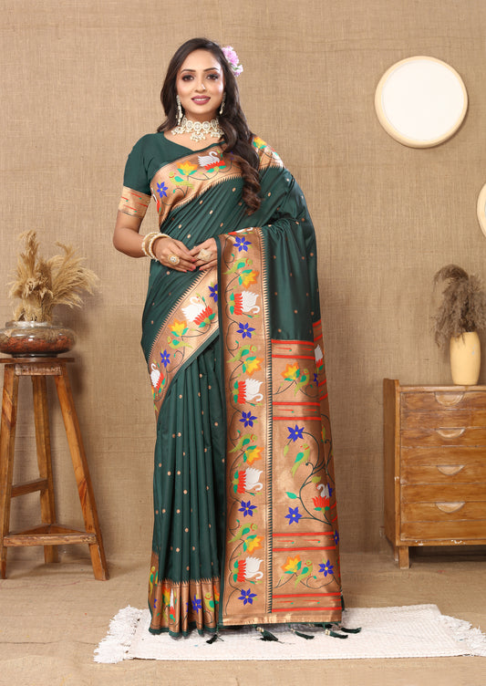 Bottle Green Yeola Style Rajhans Paithani Saree