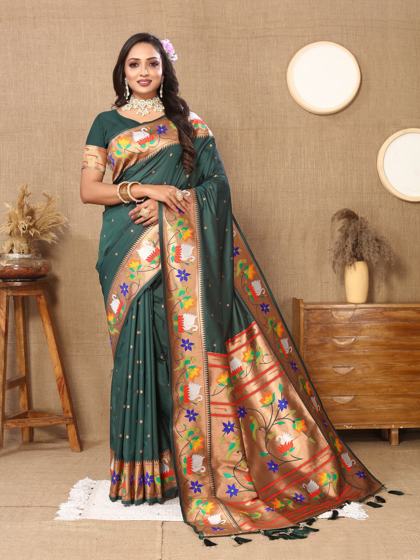 Bottle Green Yeola Style Rajhans Paithani Saree