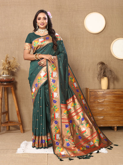 Bottle Green Yeola Style Rajhans Paithani Saree
