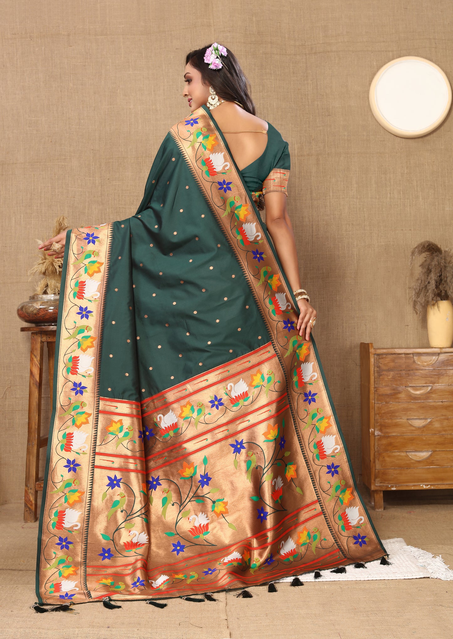 Bottle Green Yeola Style Rajhans Paithani Saree