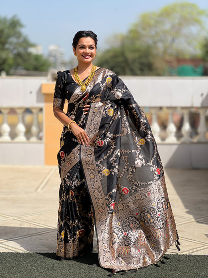 Black Banarasi Silk Saree with Intricate Zari Work