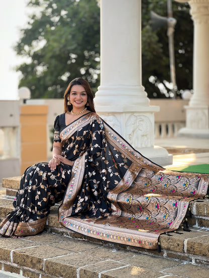 Black Banarasi Silk Saree with Intricate Zari Work