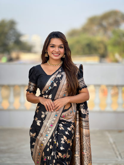 Black Banarasi Silk Saree with Intricate Zari Work