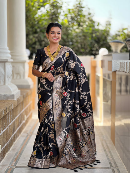 Black Banarasi Silk Saree with Intricate Zari Work