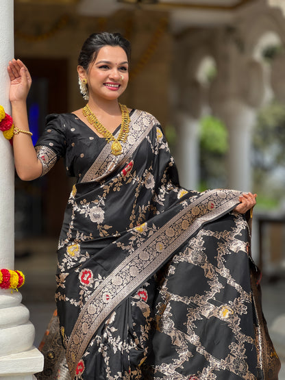 Black Banarasi Silk Saree with Intricate Zari Work