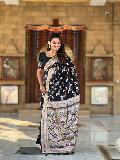 Black Banarasi Silk Saree with Intricate Zari Work