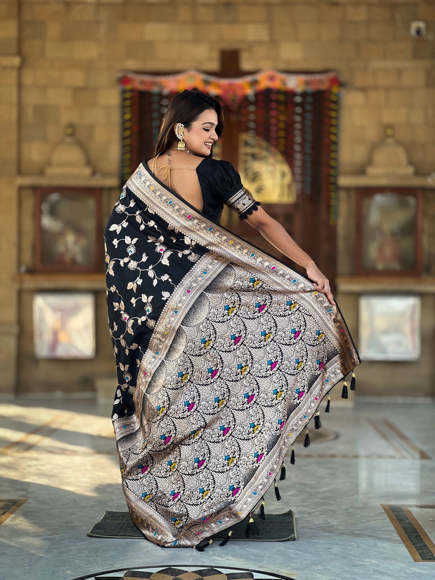 Black Banarasi Silk Saree with Intricate Zari Work