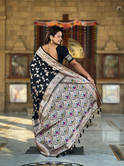 Black Banarasi Silk Saree with Intricate Zari Work
