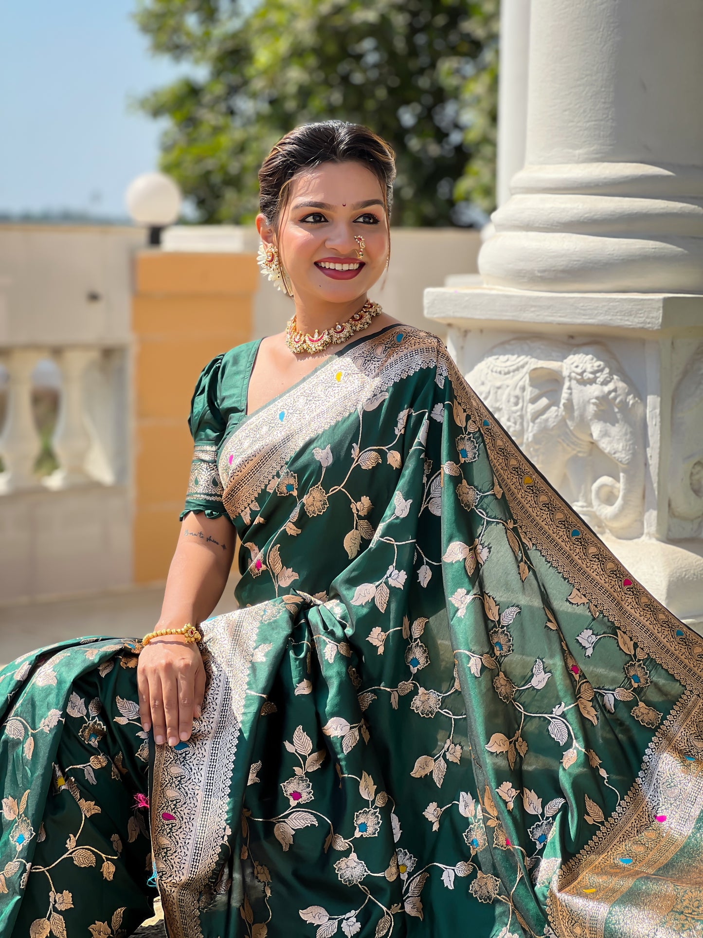 Bottle Green Banarasi Silk Saree with Intricate Zari Work